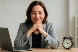 Woman in a gray blazer smiling at her desk with a laptop and alarm clock.