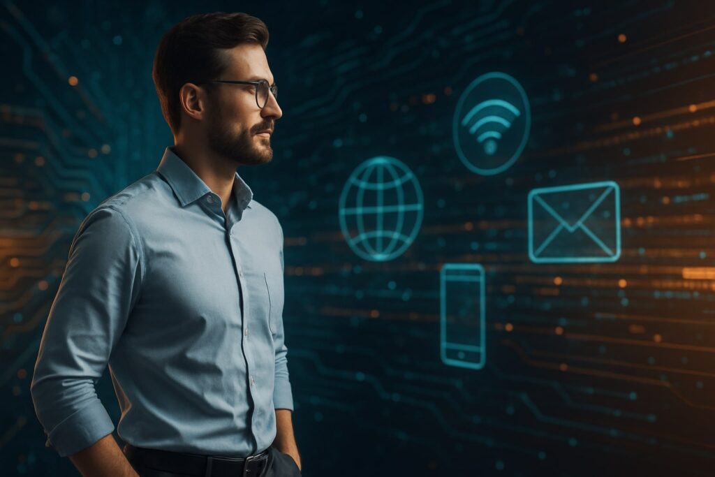 Profile of a confident professional man in business-casual attire standing before glowing circuit-board patterns and floating holographic telecom icons.