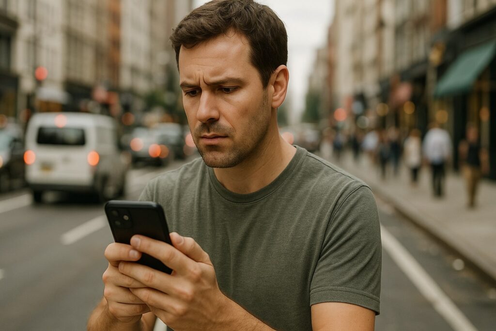 Man in his 30s standing on a busy city street, looking intently at his phone with a concerned expression.
