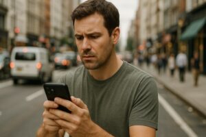 Man in his 30s standing on a busy city street, looking intently at his phone with a concerned expression.