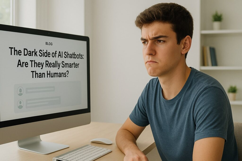 Teenage boy looking thoughtfully at a screen showing a blog titled “The Dark Side of AI Chatbots.”