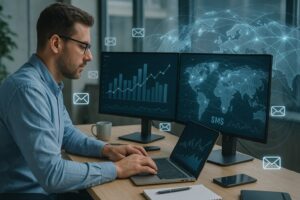 A business-casual man at a modern desk analyzes SMS data on screens with global messaging overlays in a tech-driven office.