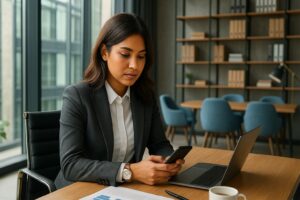 Businesswoman in a modern office using a smartphone at her desk with a laptop and documents.