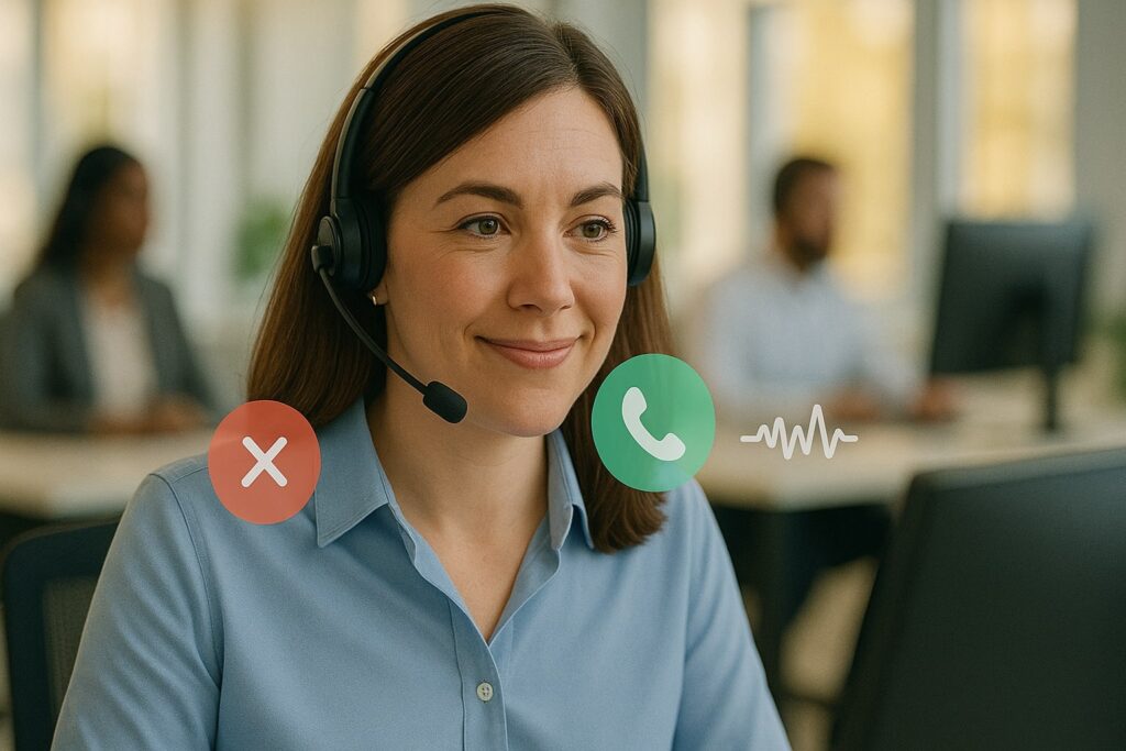 A young female customer service agent with a headset smiles slightly while working at a modern call center desk, with digital call icons overlaid on the image