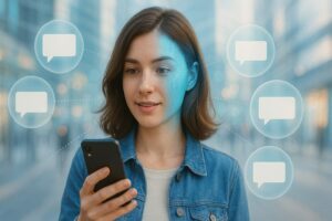A young woman with a digital overlay on her face looks at her smartphone, surrounded by floating icons