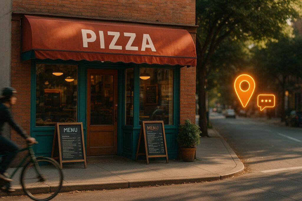 Pizza shop on street corner with menus outside.