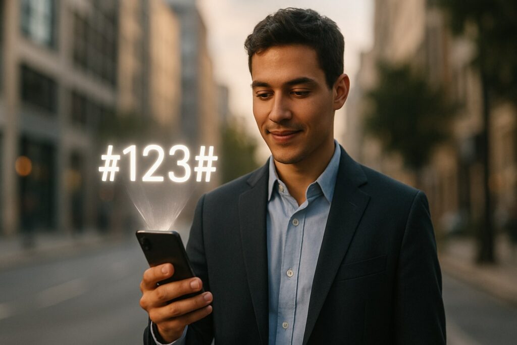 Man dialing USSD code #123# on phone.