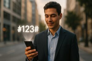 Man dialing USSD code #123# on phone.