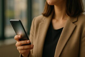 Woman holding smartphone indoors.