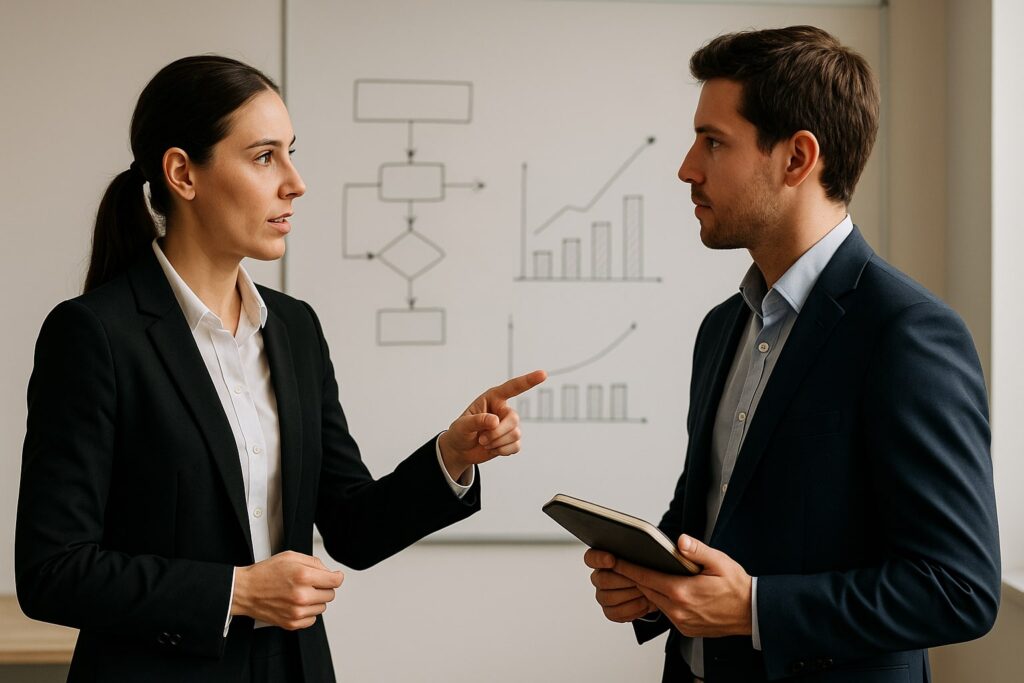 Two business professionals discussing in front of a whiteboard with charts and graphs.