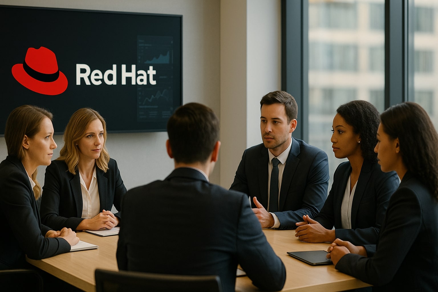a group of people discussing, redhat logo in the screen
