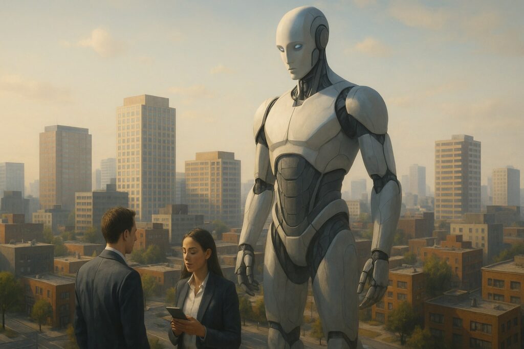 Giant robot with two businesspeople in city.