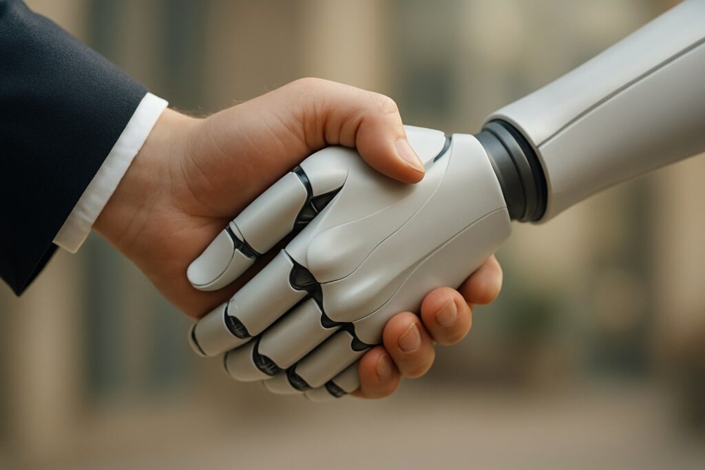Handshake between human and robot.