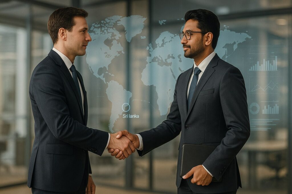 Two businessmen shaking hands with world map.