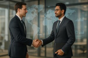 Two businessmen shaking hands with world map.