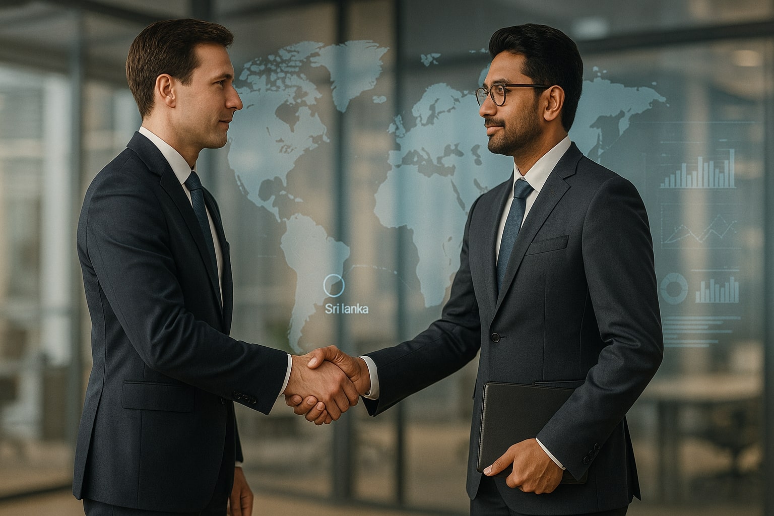 Two businessmen shaking hands with world map.