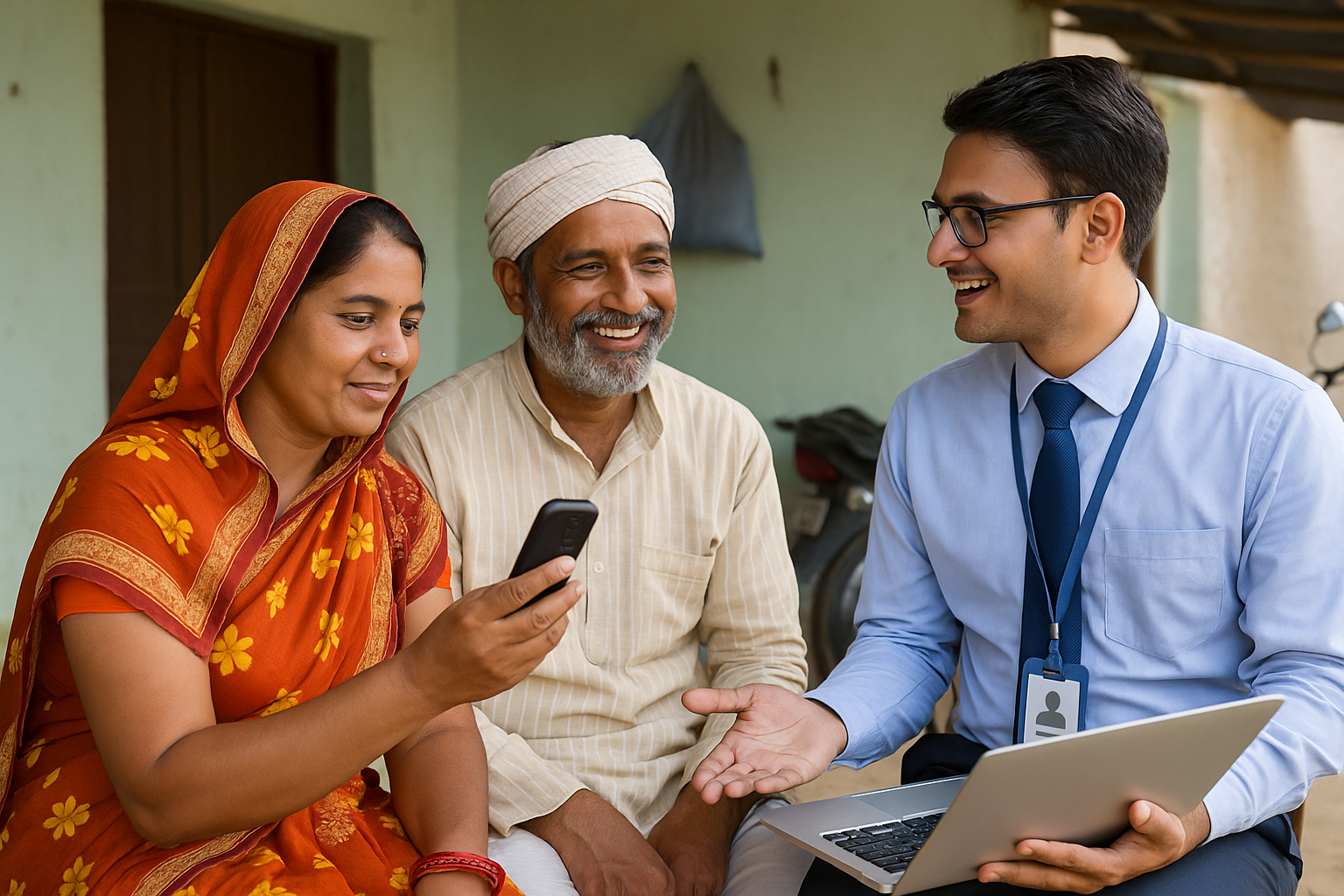 A rural couple sits outside their home, smiling as they interact with a friendly bank officer. The woman in a bright orange sari holds a mobile phone, while the man and the banker, who has a laptop and ID badge, discuss something warmly, symbolizing trust and digital banking in rural communities.