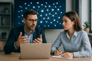 A man and woman in a modern office discuss telecom systems, with a laptop on the table and a digital network diagram displayed on a screen behind them.