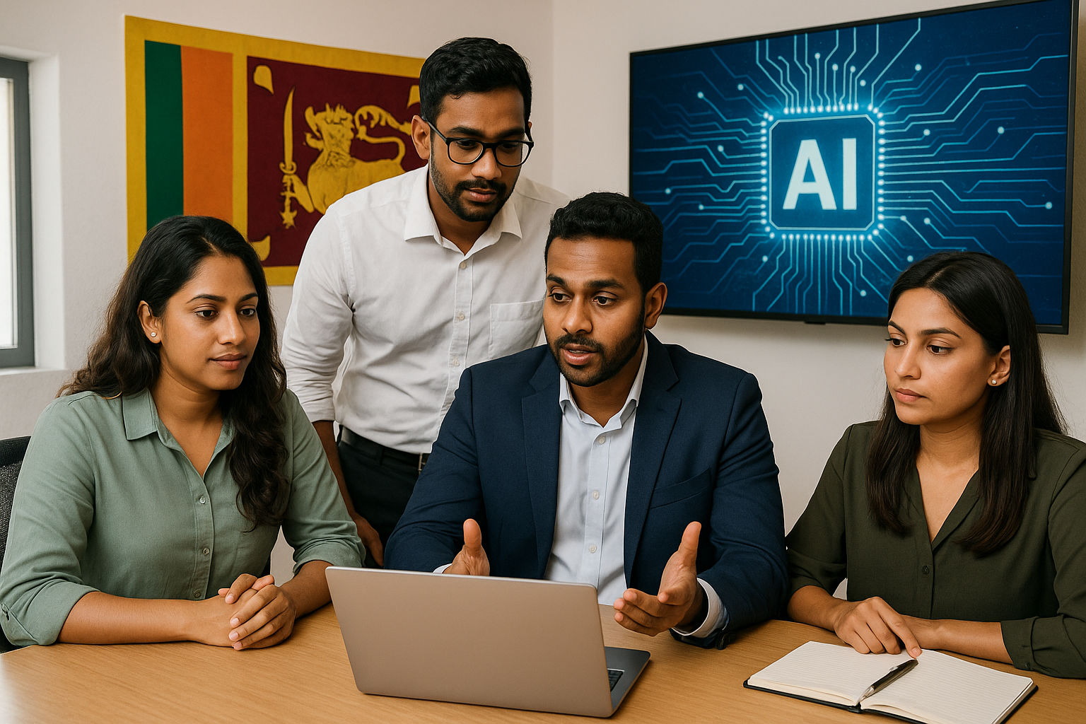 Four Sri Lankan professionals collaborating in a modern office, discussing AI strategy around a laptop, with a Sri Lankan flag and digital AI circuit board display in the background.