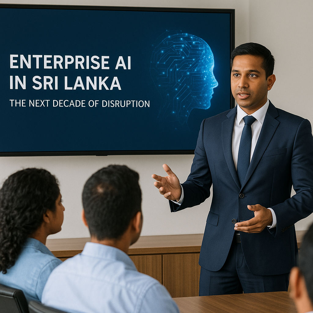 A realistic photo of Sri Lankan professionals in a modern office, collaborating around futuristic AI visualizations symbolizing enterprise innovation and technology growth over the next decade.