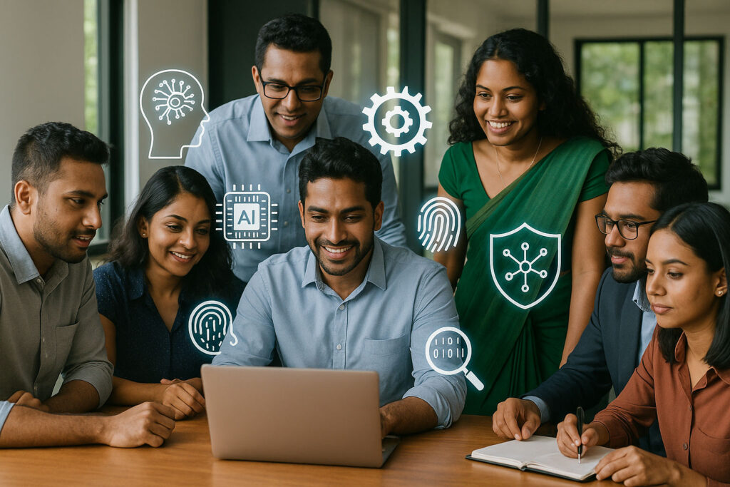 A group of diverse Sri Lankan professionals collaborating in a modern office, gathered around a laptop with holographic AI and technology icons floating around, representing innovation and teamwork in artificial intelligence.
