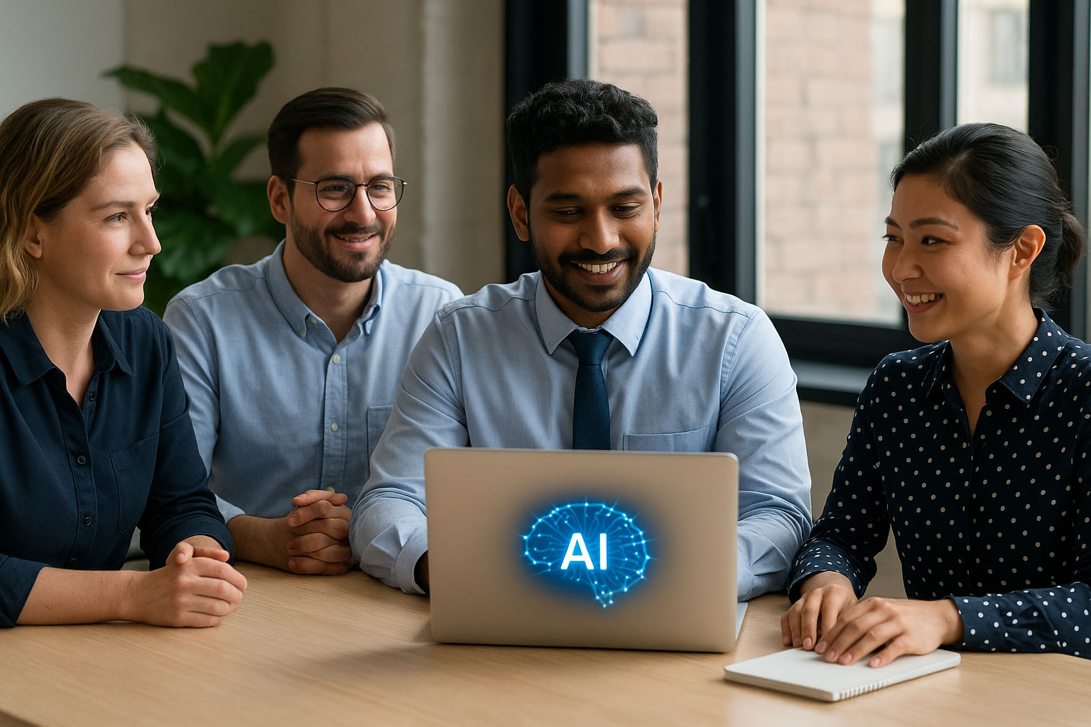 A group of four professionals of diverse ethnicities, including a Sri Lankan man, are sitting around a wooden table in a bright, modern office. They are smiling and collaborating while looking at a laptop displaying a glowing blue AI graphic on the screen.