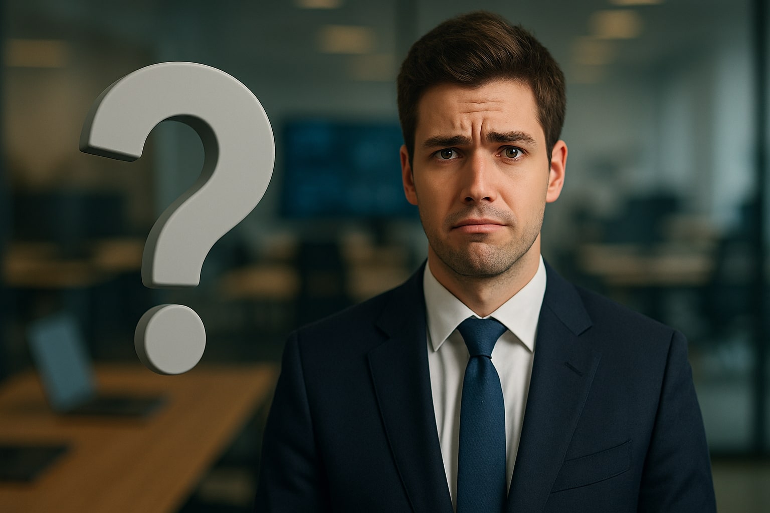 A worried businessman in a suit standing next to a large question mark.