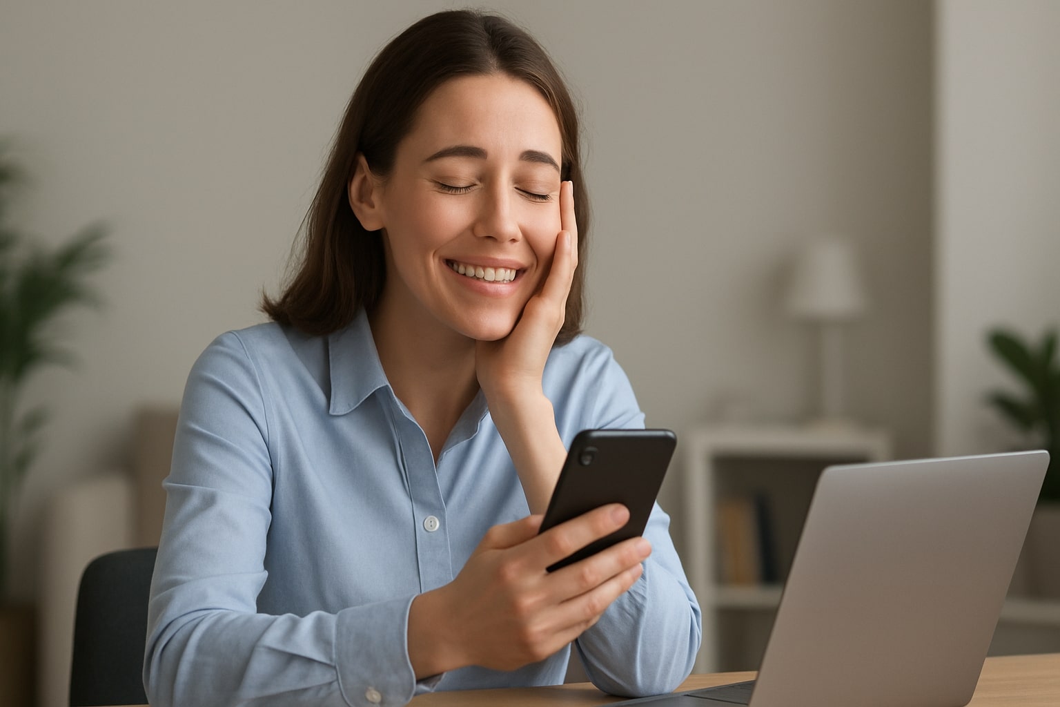 Smiling woman holding smartphone while working on laptop.