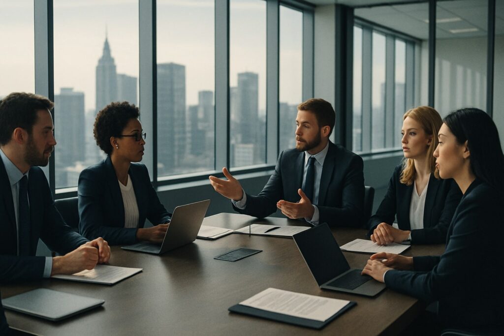 Business team in formal meeting around conference table.