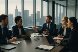 Business team in formal meeting around conference table.