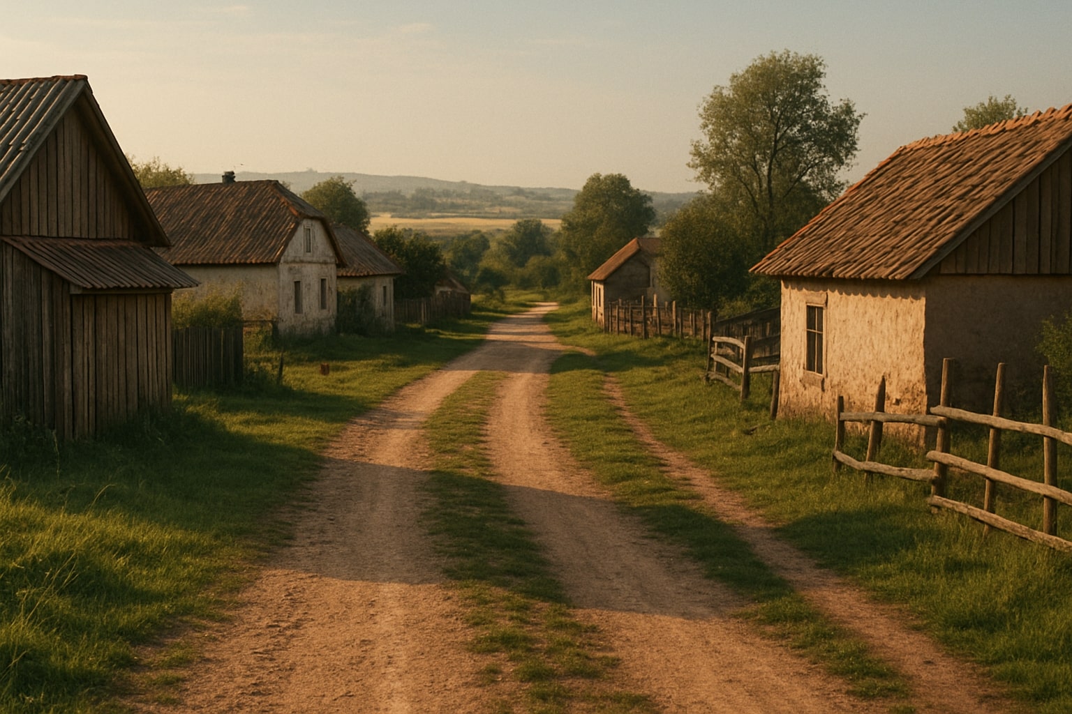 Rural village path with old houses and fences.