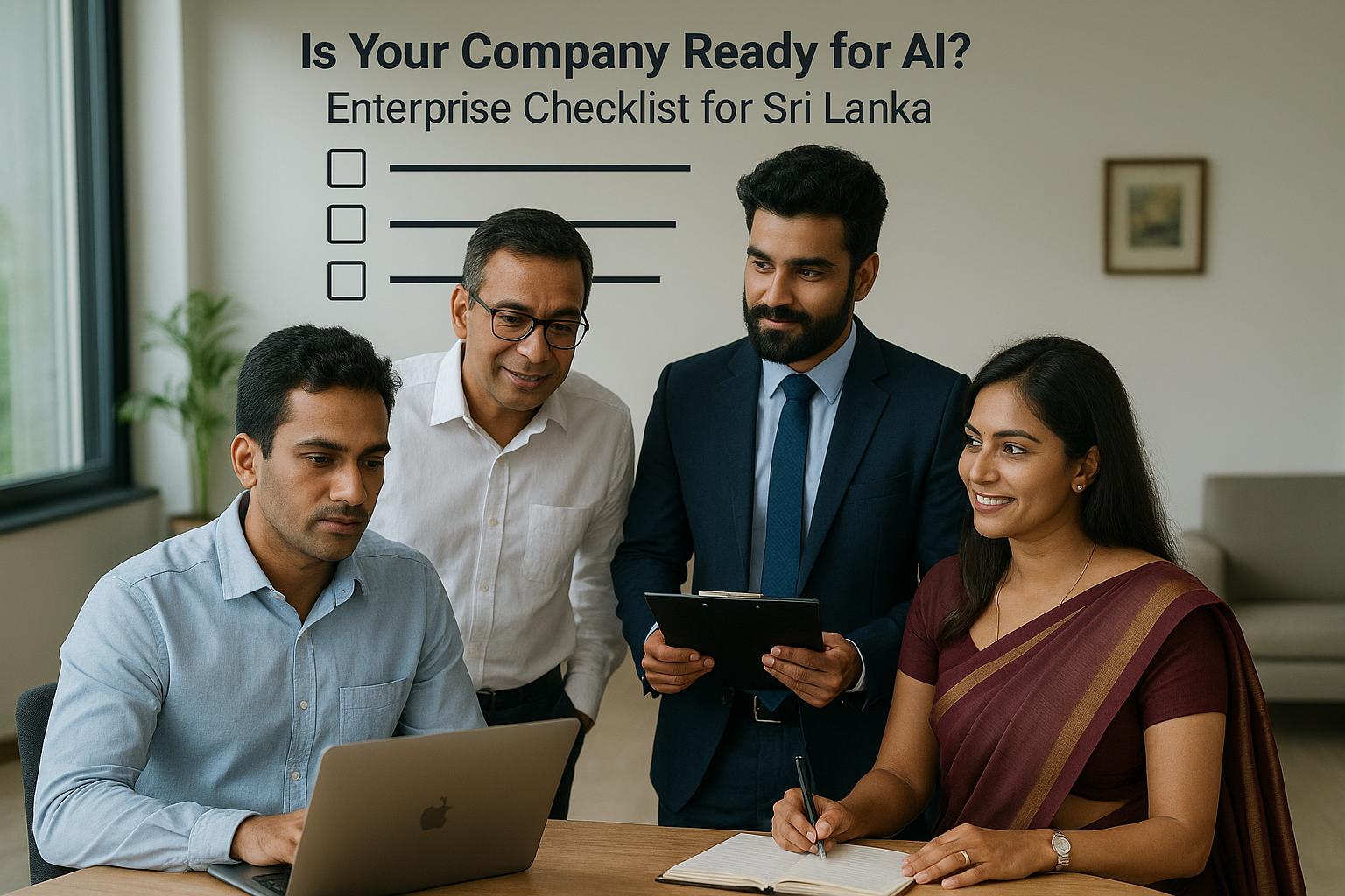Four Sri Lankan professionals in a modern office discussing AI readiness. One man is working on a laptop, another stands with a clipboard, a senior man observes attentively, and a woman in a maroon saree smiles while taking notes. The setting reflects collaboration and enterprise decision-making