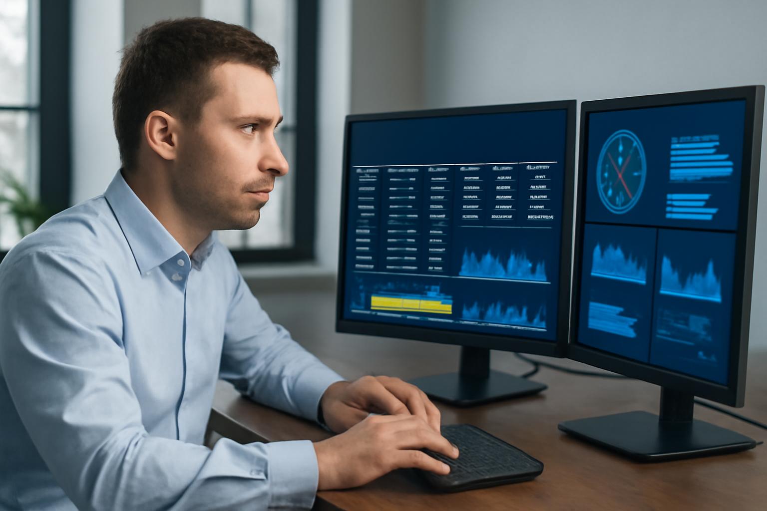 "A focused man in his 30s, with short dark brown hair and a well-groomed beard, analyzes network data on two large monitors in a modern office. The monitors display detailed traffic data, including tables, graphs, and diagrams, in a clean, professional setting filled with natural daylight.