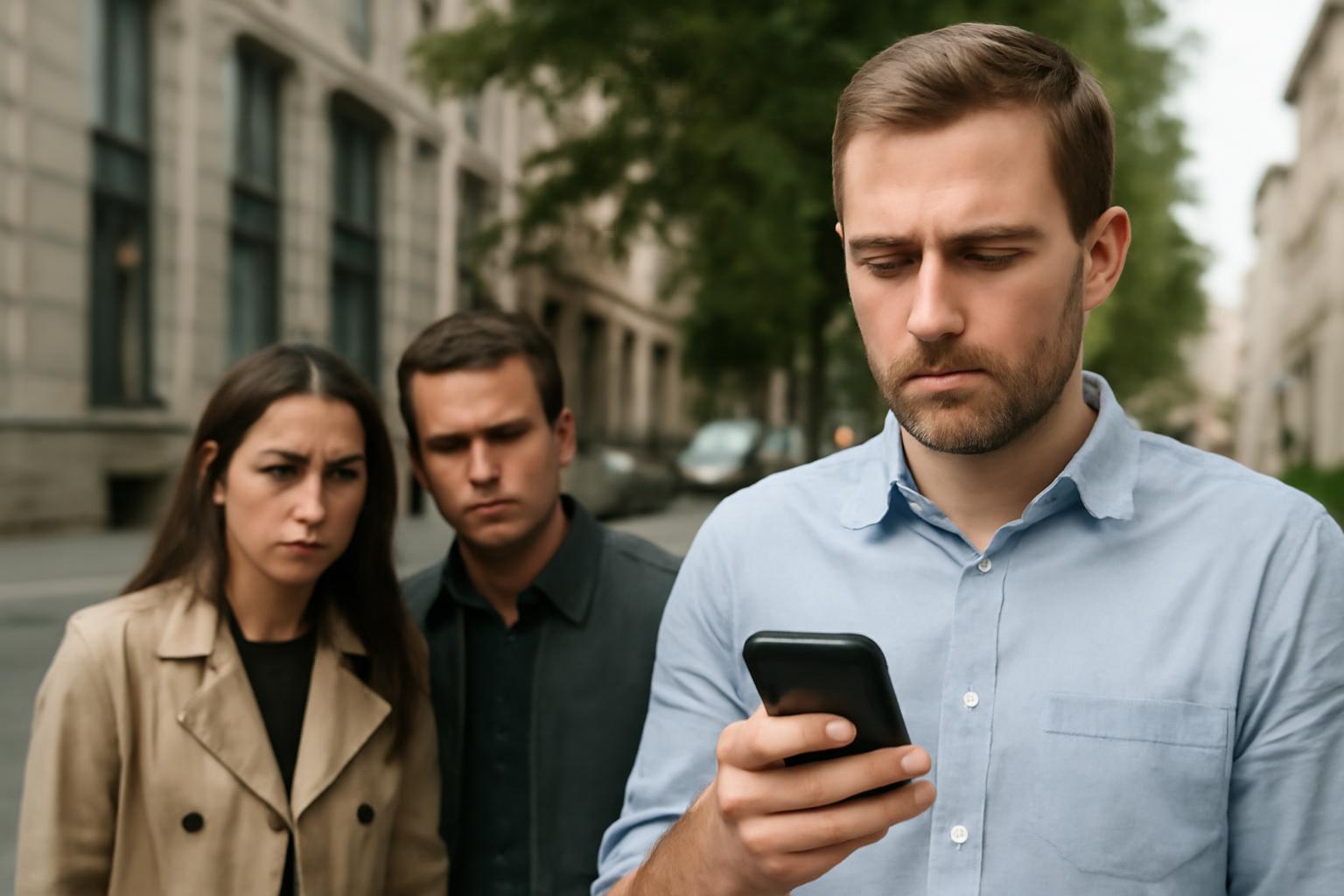 three individuals in a bustling city scene. A young man in his early 30s, dressed in a blue shirt, is absorbed in his smartphone, while two others, a man and a woman, observe him with interest. The urban backdrop includes tree-lined streets and parked cars under soft, natural daylight.