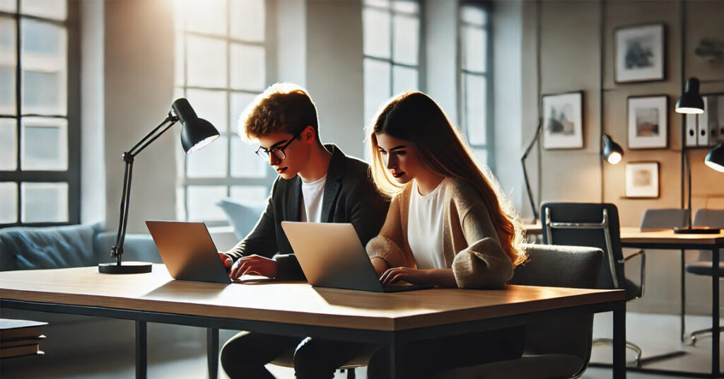 A boy and girl watch the laptop