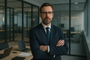 Serious businessman in glasses with arms crossed.