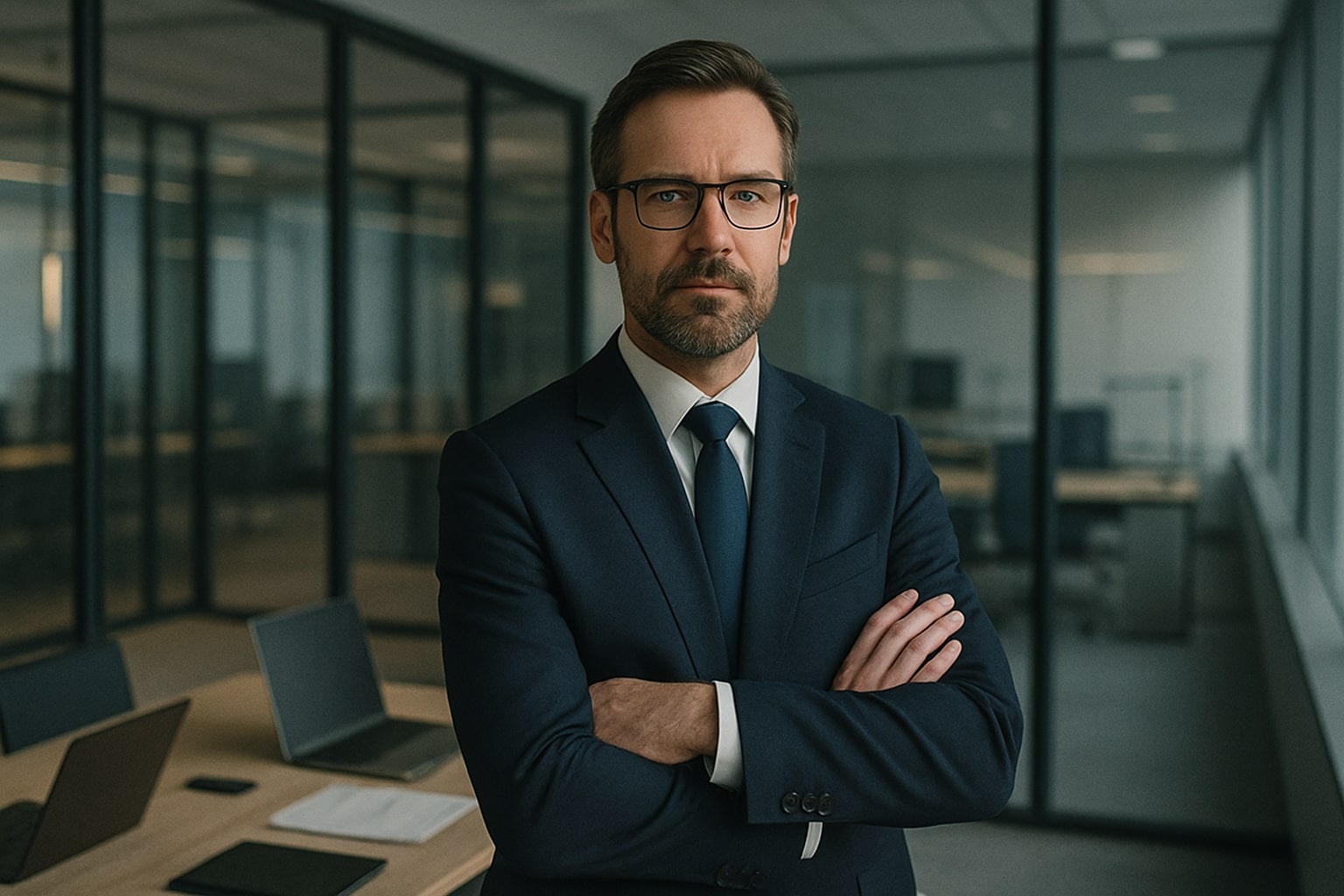 Serious businessman in glasses with arms crossed.